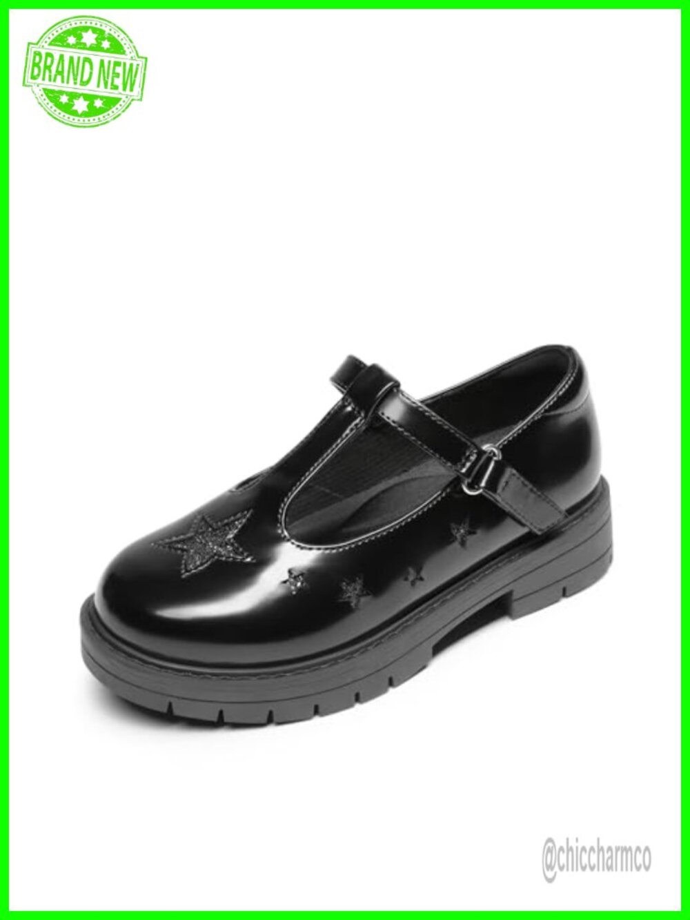 Girls Mary Jane Flats Faux Leather Glitter Star T-Strap Hook Loop School